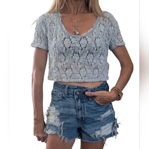 Vintage Free People Starlight Lavender Lace Sheer Boho Chic Cute Crop Top Size S